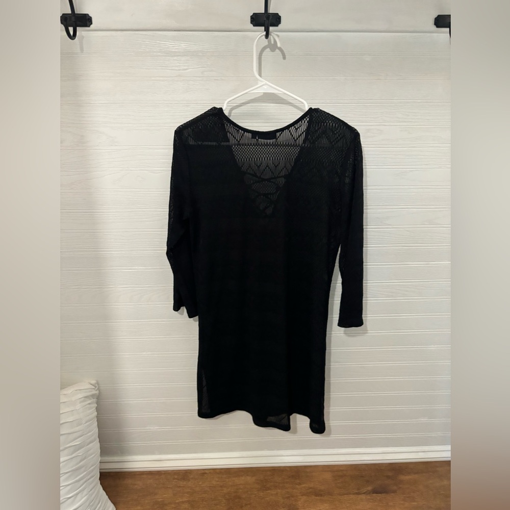 Apt 9 Black Lace Mesh Swimsuit Coverup with Lace Up Detail